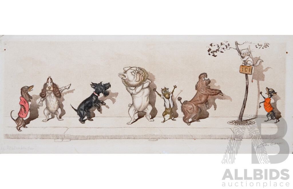 Boris O'Klein, (Early/mid 20th Century, Russian-French, 1893-1985), Trio of Dirty Dogs of Paris, Hand Coloured Original Etchings, 19 x 46 cm (3)