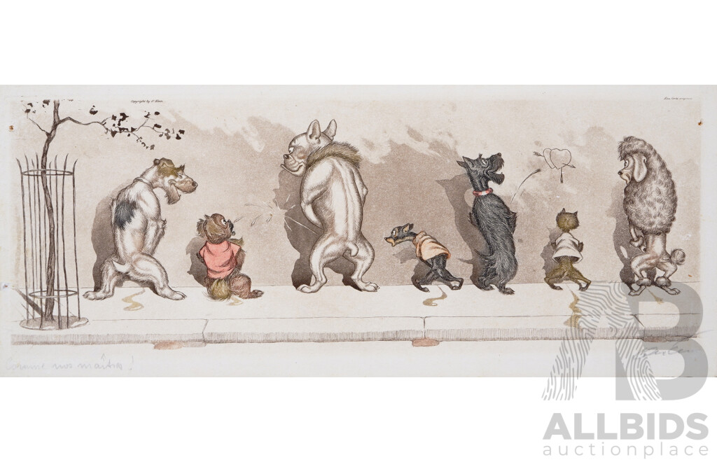 Boris O'Klein, (Early/mid 20th Century, Russian-French, 1893-1985), Trio of Dirty Dogs of Paris, Hand Coloured Original Etchings, 19 x 46 cm (3)