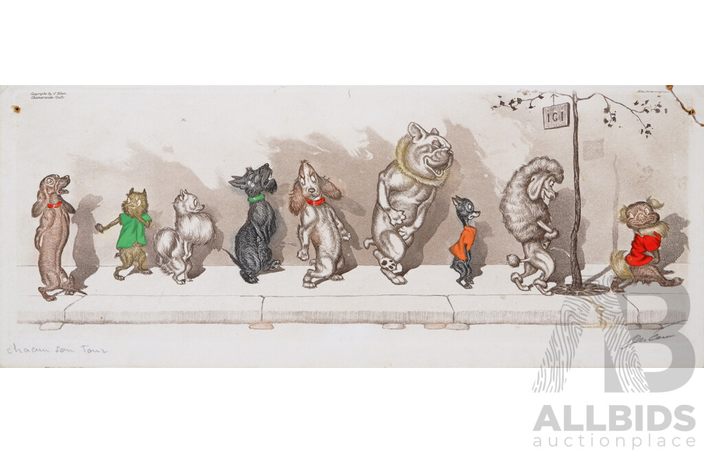 Boris O'Klein, (Early/mid 20th Century, Russian-French, 1893-1985), Trio of Dirty Dogs of Paris, Hand Coloured Original Etchings, 19 x 46 cm (3)