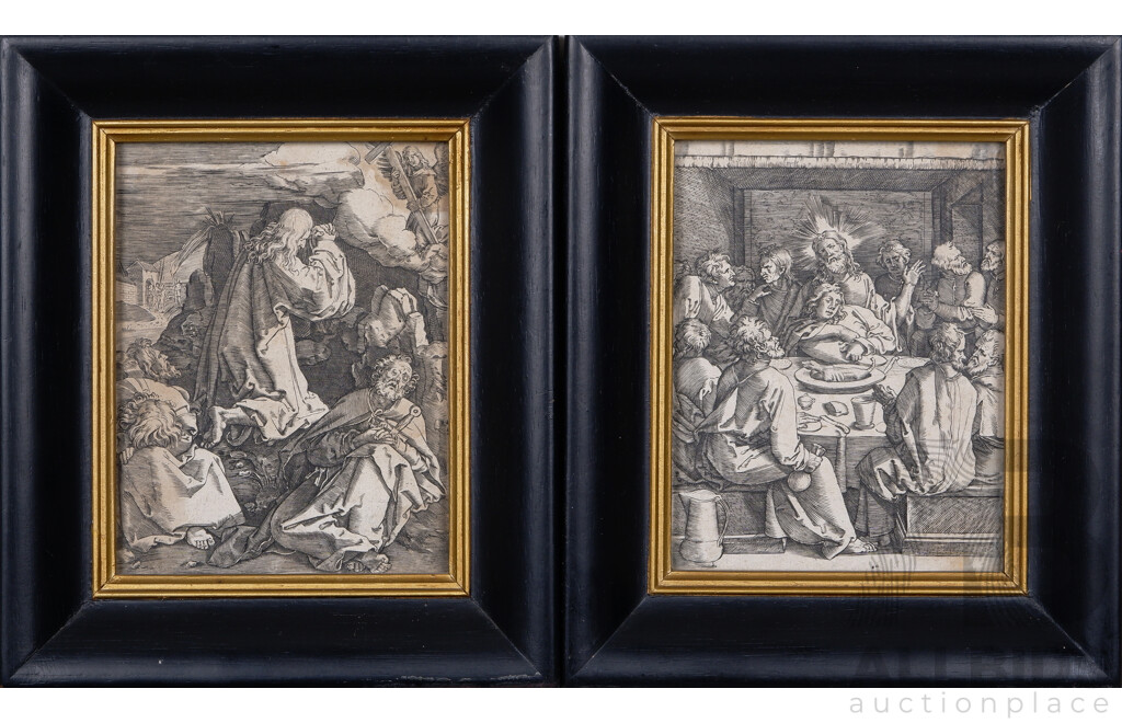 After Albrecht Dürer, (German 1471-1528), the Last Supper & Christ on the Mount of Olives, Engravings After Original Woodcuts (c1511), 9 x 16 cm (frames) (2)