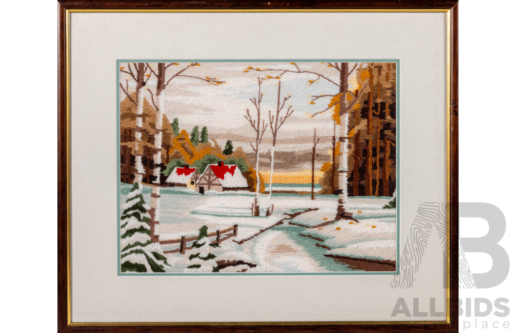 Artist Unknown, (20th Century), Winter Cottage, Hand Made Wool Long Stitch, 48 x 57 cm (frame)