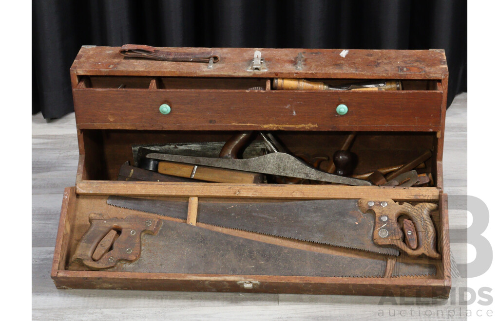 Vintage Wooden Tool Trunk with Selection Tools Including Swedish Chisels, Stanley Planes Including Number 7 and More