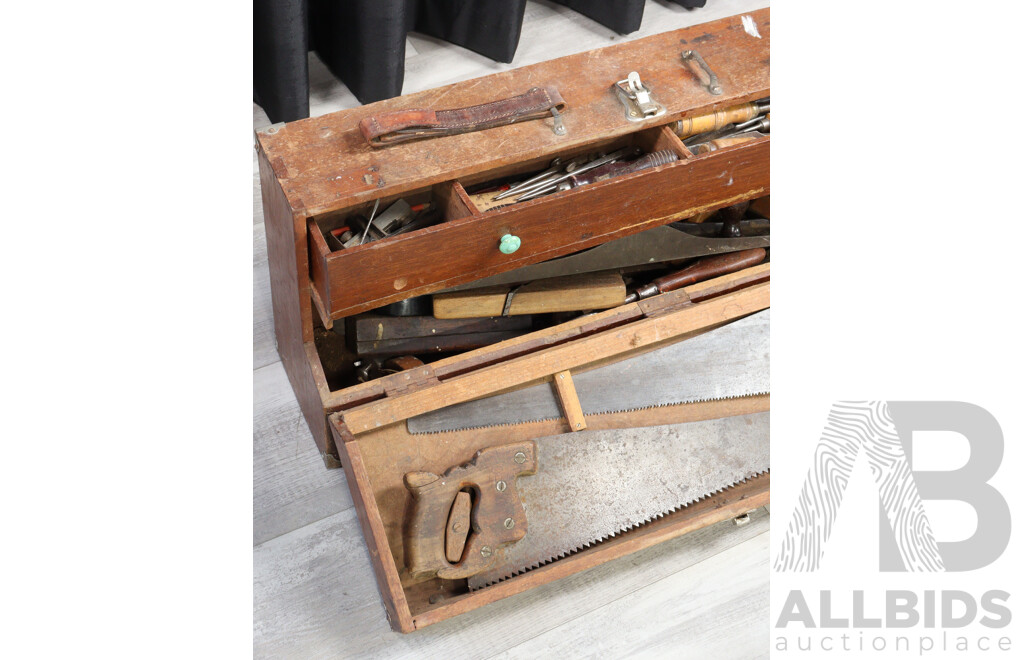Vintage Wooden Tool Trunk with Selection Tools Including Swedish Chisels, Stanley Planes Including Number 7 and More