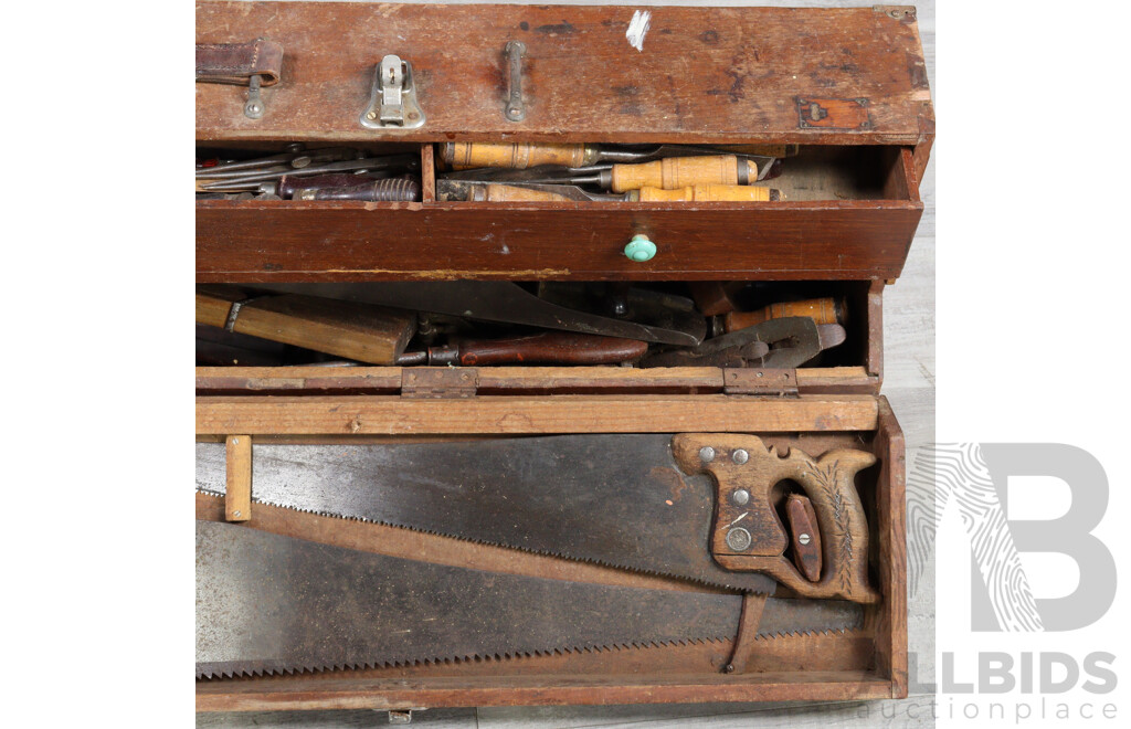Vintage Wooden Tool Trunk with Selection Tools Including Swedish Chisels, Stanley Planes Including Number 7 and More