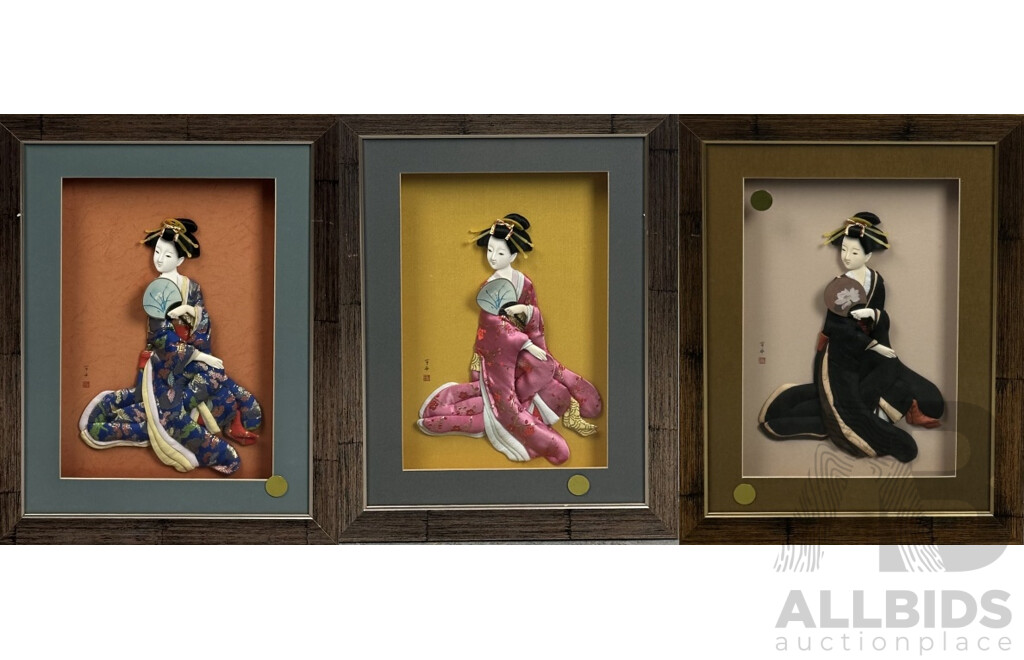 Lovely Trio of Vintage Porcelain Japanese Geisha Girls Framed in Shadow Boxes, 50 x 39 cm (frames) (3)
