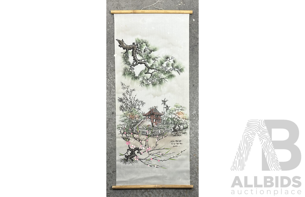 Ha Cuong, (20th Century, Vietnamese School), One Pillar Pagoda, Hanoi, Vietnam, Ink & Pigment on Man Made Textile Hanging Panel Scroll, 94 x 40 cm