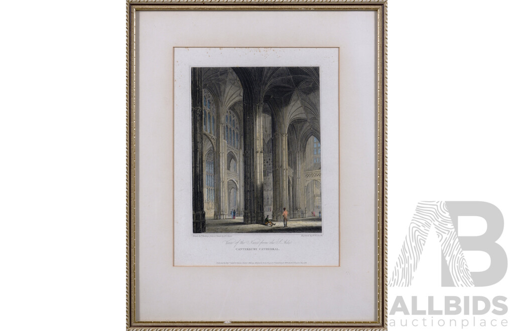 After H. S. (Henry Sargant) Storer, (British, 1795-1837), Canterbury Cathedral, View of the Nave From the South Aile [Aisle], Antique Colour Print, 43 x 34 cm (frame)