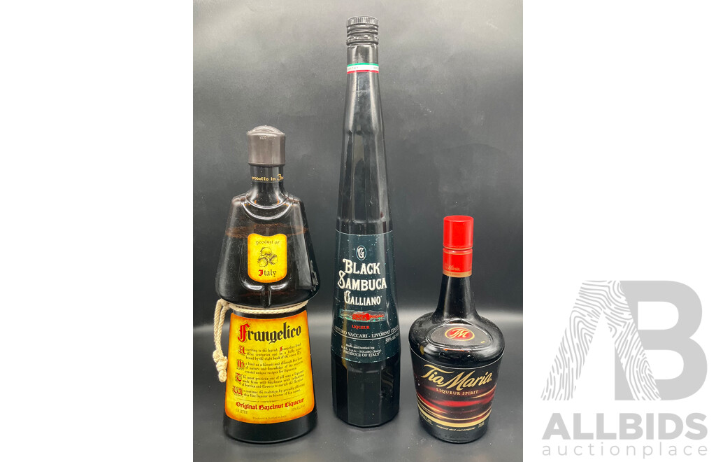 FRANGELICO 1.0L, GALLIAO Black Sambuce 1.0L, TIA MARIA 700ml - Lot of 3