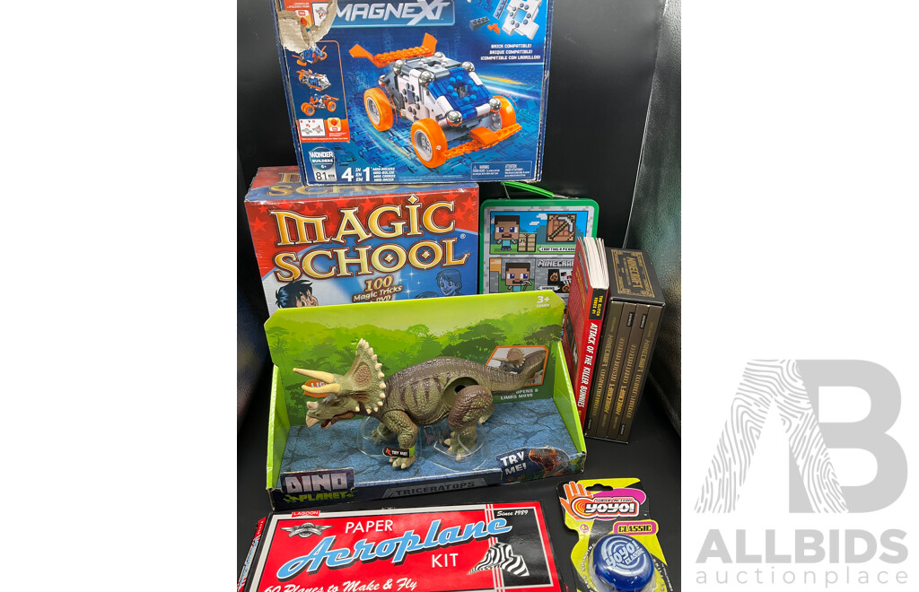 Assorted Kids Books and Toys Including MINECRAFT, MAGNEXT, Dino Planet and More - Lot of 8