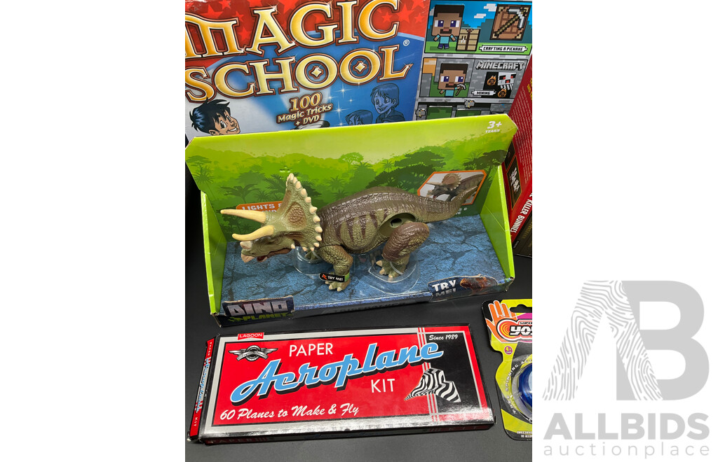 Assorted Kids Books and Toys Including MINECRAFT, MAGNEXT, Dino Planet and More - Lot of 8