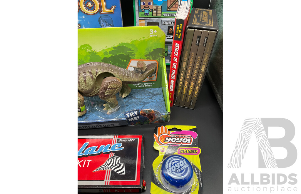 Assorted Kids Books and Toys Including MINECRAFT, MAGNEXT, Dino Planet and More - Lot of 8