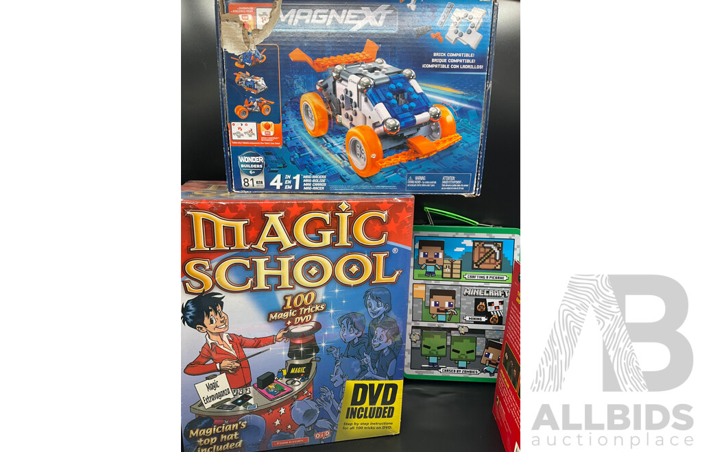 Assorted Kids Books and Toys Including MINECRAFT, MAGNEXT, Dino Planet and More - Lot of 8