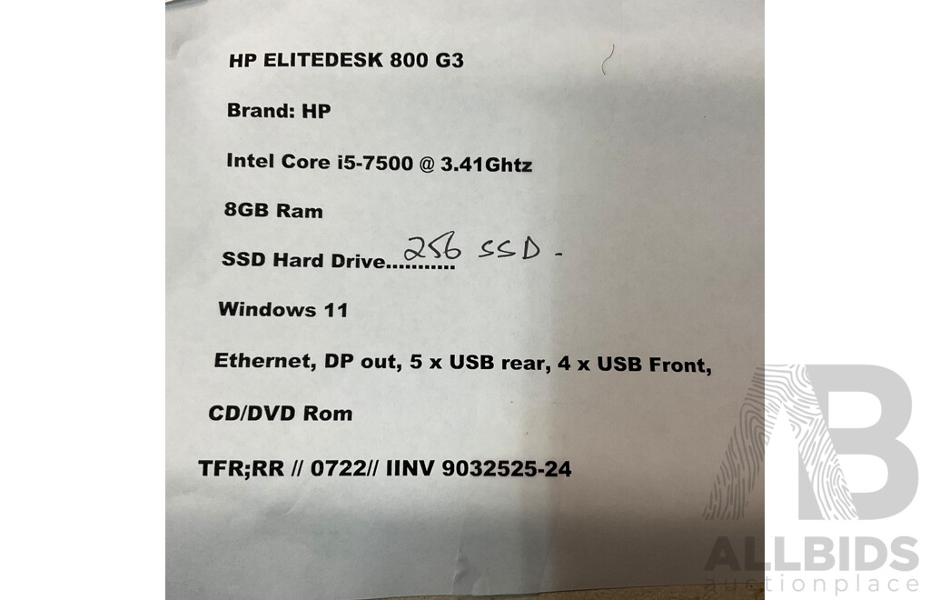 HP EliteDesk 800 G3 I5 8GB RAM 256GB SSD Desktop PC