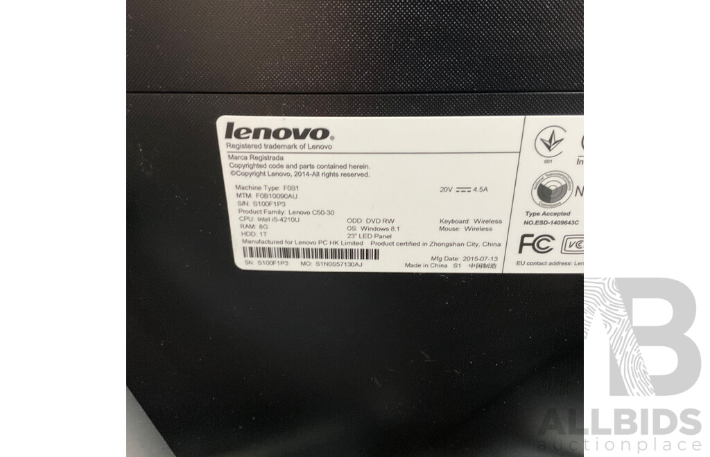 LENOVO C50-30 I5 8GB 1TB HDD 23'' All in One Desktop