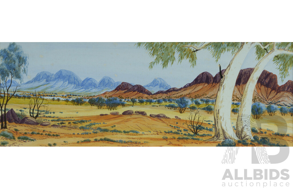 Therese Ryder, (20th Century, Indigenous-Australian, 1954-) Ghost Gums, Macdonnell Ranges, Watercolour, 34 x 66 cm (frame)
