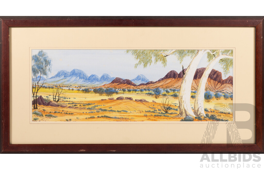 Therese Ryder, (20th Century, Indigenous-Australian, 1954-) Ghost Gums, Macdonnell Ranges, Watercolour, 34 x 66 cm (frame)