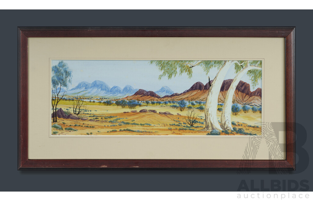 Therese Ryder, (20th Century, Indigenous-Australian, 1954-) Ghost Gums, Macdonnell Ranges, Watercolour, 34 x 66 cm (frame)