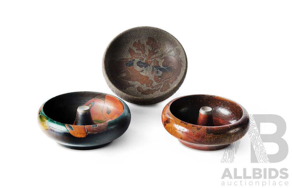 Three Wooden Nut Bowls With Pyrographed And Painted Decoration, One With Nut Mallet