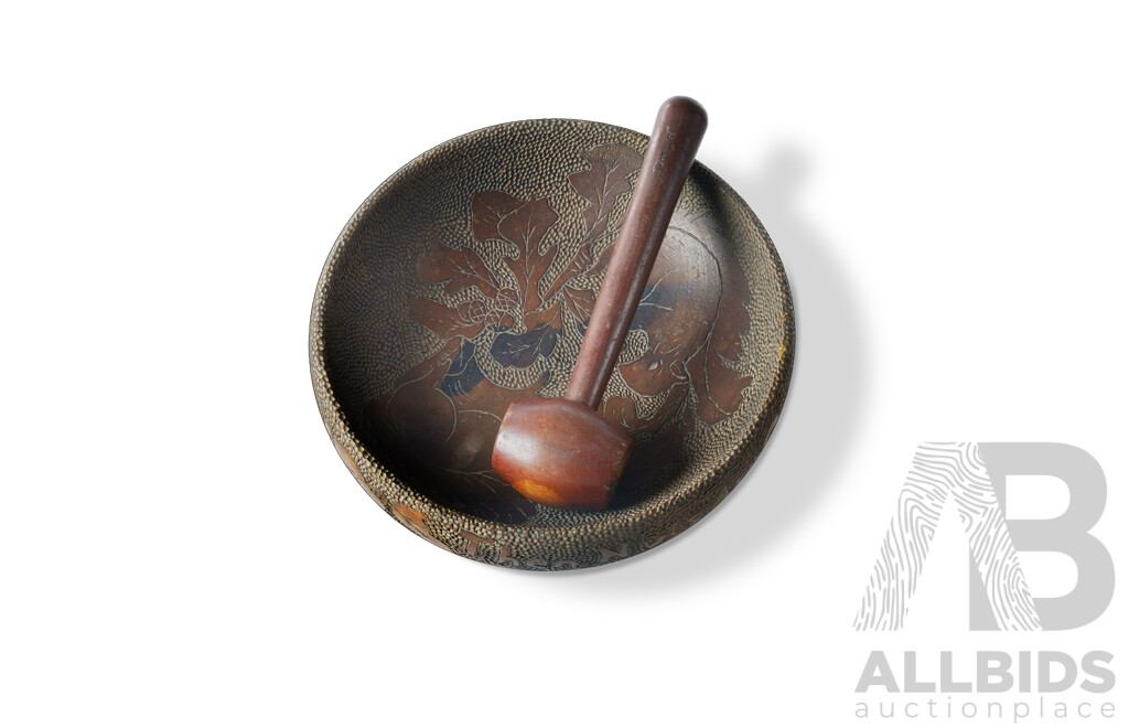 Three Wooden Nut Bowls With Pyrographed And Painted Decoration, One With Nut Mallet