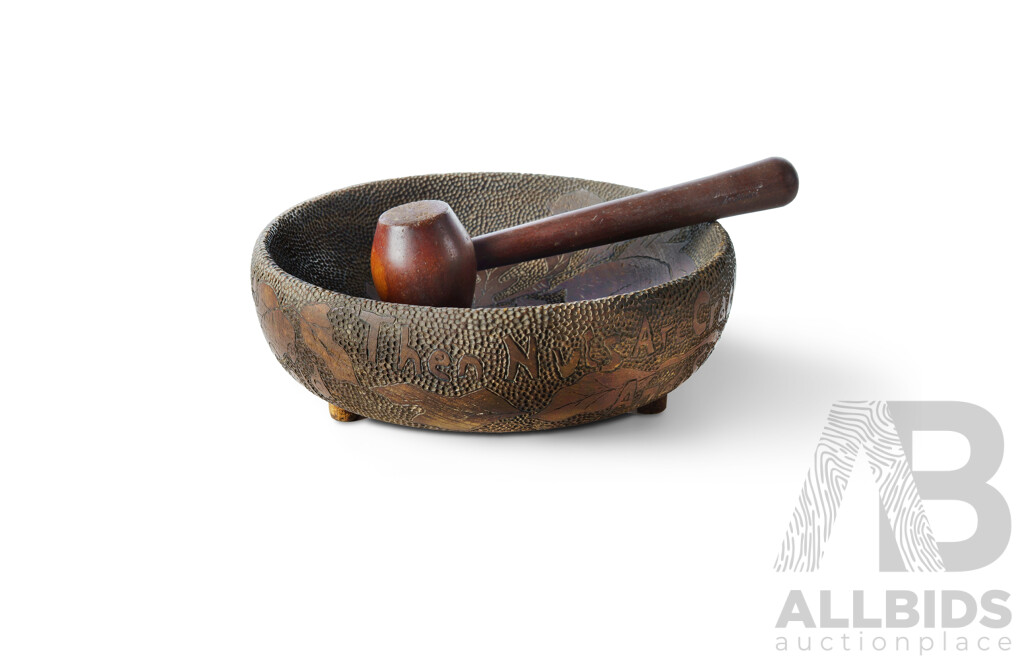 Three Wooden Nut Bowls With Pyrographed And Painted Decoration, One With Nut Mallet
