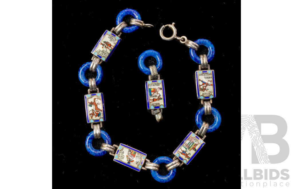 Vintage 1930's Art Deco Egyptian Revival Sterling Silver and Enamel Bracelet, 16cm + Extra Link