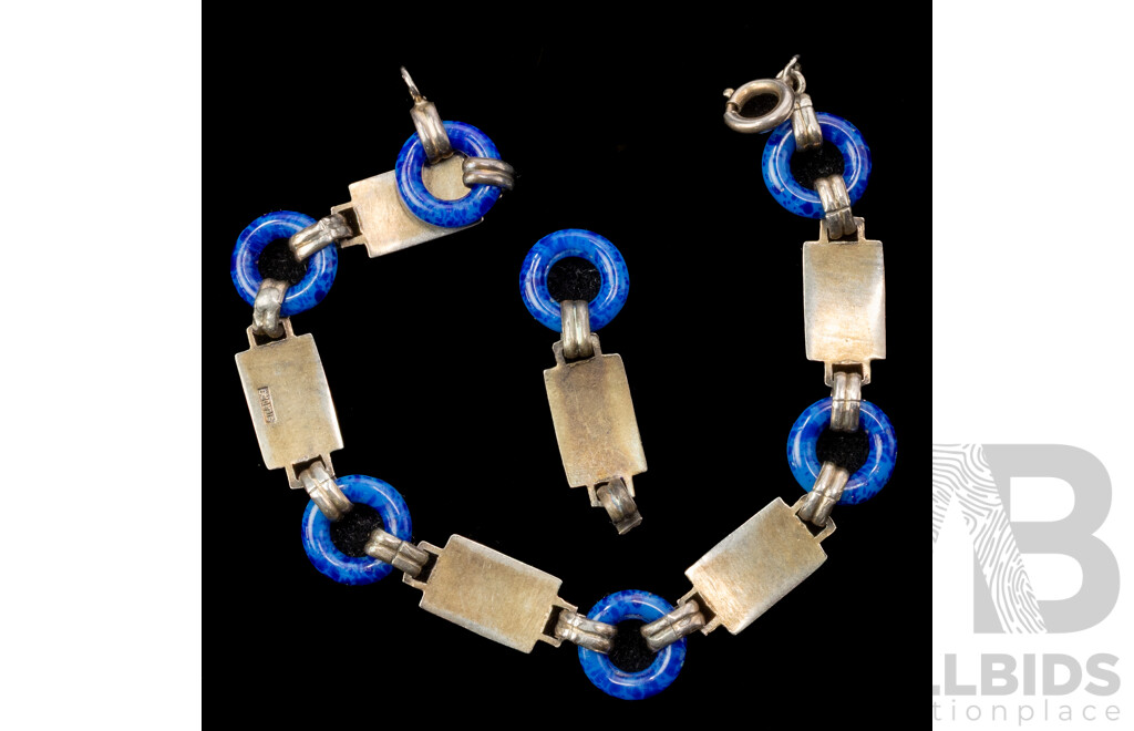 Vintage 1930's Art Deco Egyptian Revival Sterling Silver and Enamel Bracelet, 16cm + Extra Link