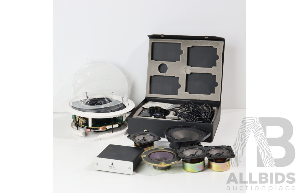 Onkyo Cone, Bose Cone, Project Phono Box II, Aiwa Unidirectional Coil Microphone DM 511P in Case and Paradigm SM60R Speaker