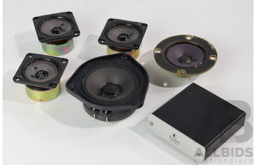 Onkyo Cone, Bose Cone, Project Phono Box II, Aiwa Unidirectional Coil Microphone DM 511P in Case and Paradigm SM60R Speaker