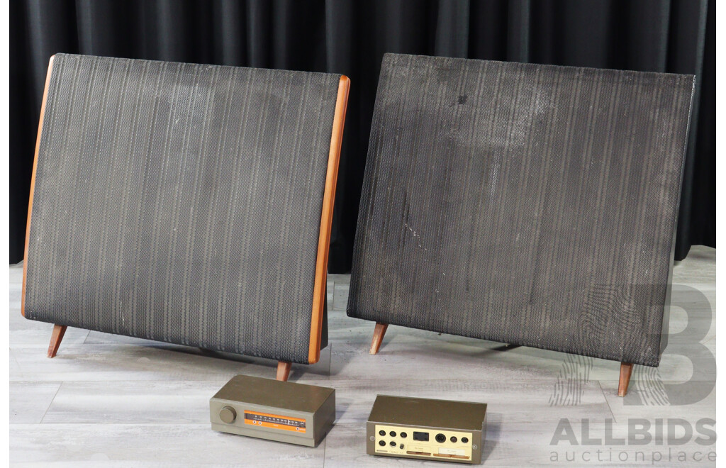 Super Funky Pair 1960's Quad Electrostatic Loudspeakers Along with Quad 33 Preamplifier and Matching Quad Fm 3 Tuner Made by Acoustical Manufacturing Co