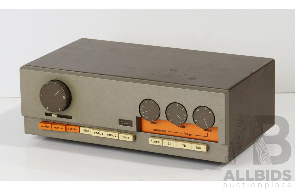 Super Funky Pair 1960's Quad Electrostatic Loudspeakers Along with Quad 33 Preamplifier and Matching Quad Fm 3 Tuner Made by Acoustical Manufacturing Co