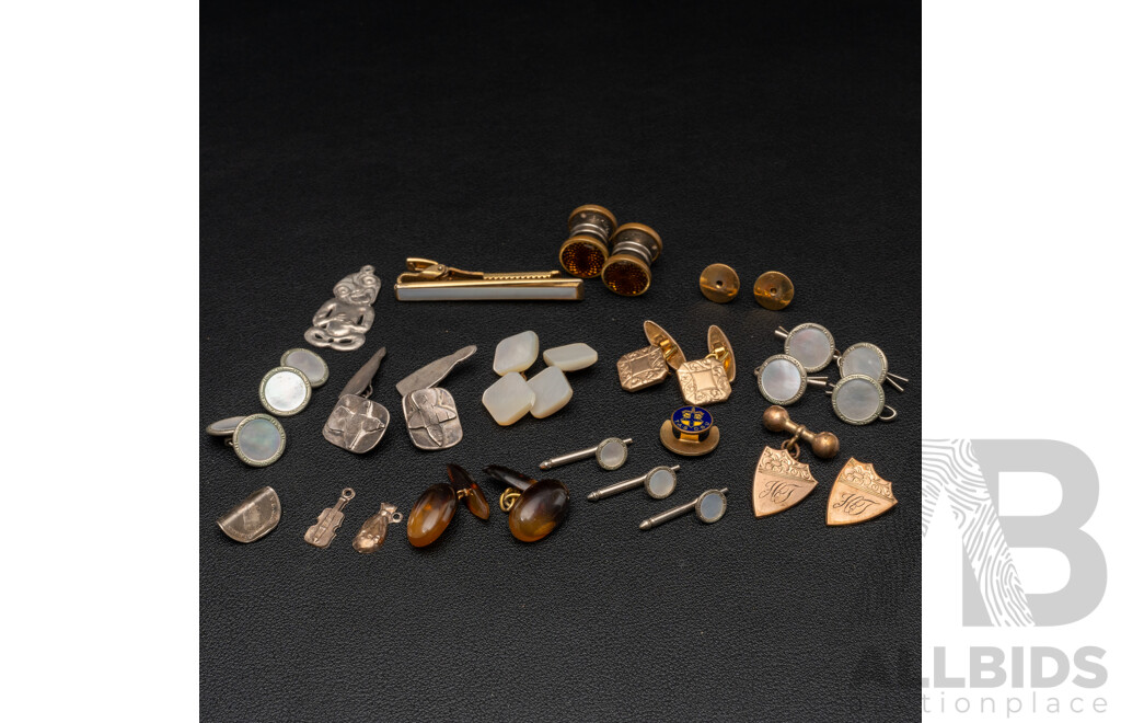 Collection of Vintage Cuff Links, Buttons and Curios, Including Sterling Silver Tiki and Gold Gilt Examples