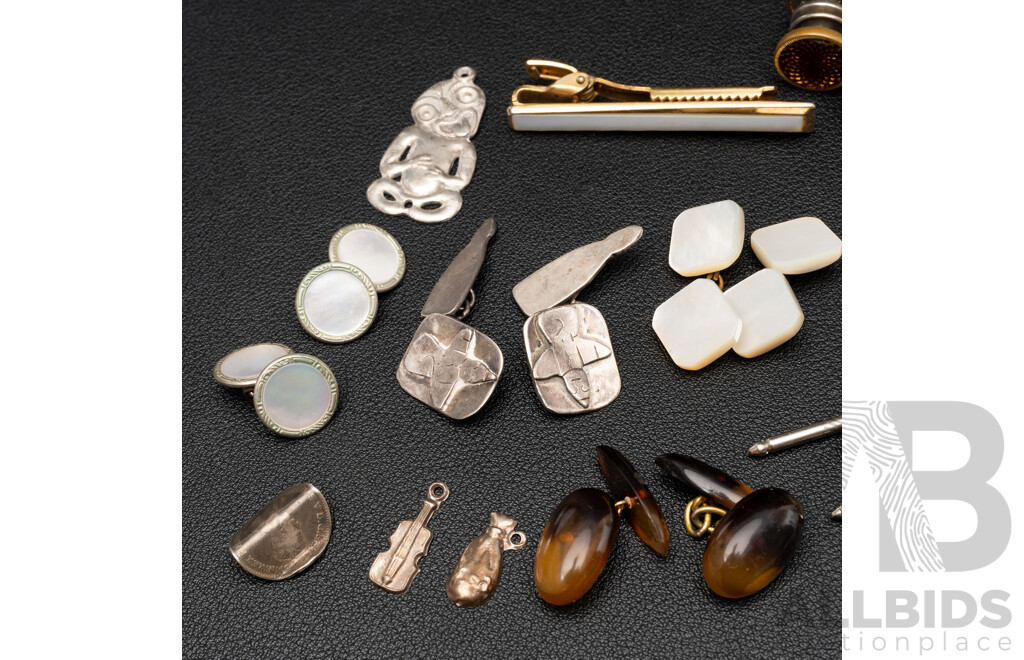 Collection of Vintage Cuff Links, Buttons and Curios, Including Sterling Silver Tiki and Gold Gilt Examples