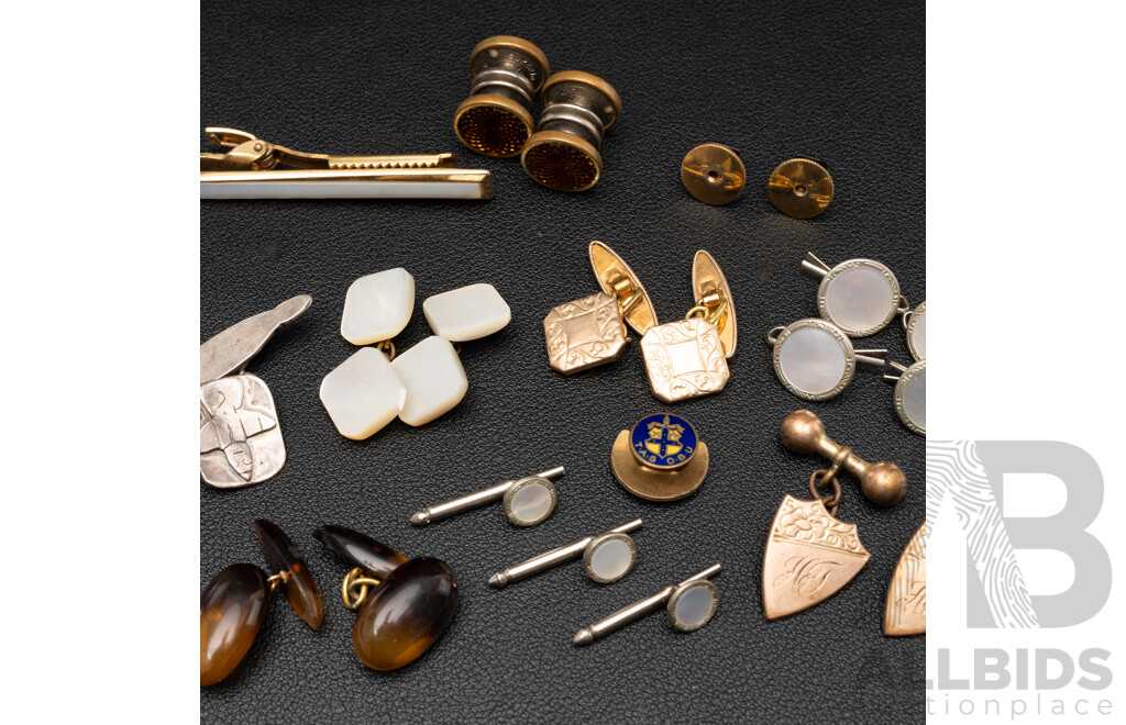 Collection of Vintage Cuff Links, Buttons and Curios, Including Sterling Silver Tiki and Gold Gilt Examples