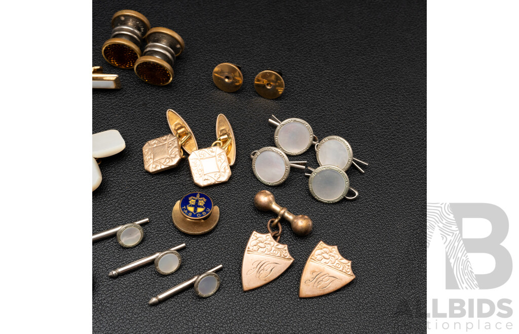 Collection of Vintage Cuff Links, Buttons and Curios, Including Sterling Silver Tiki and Gold Gilt Examples