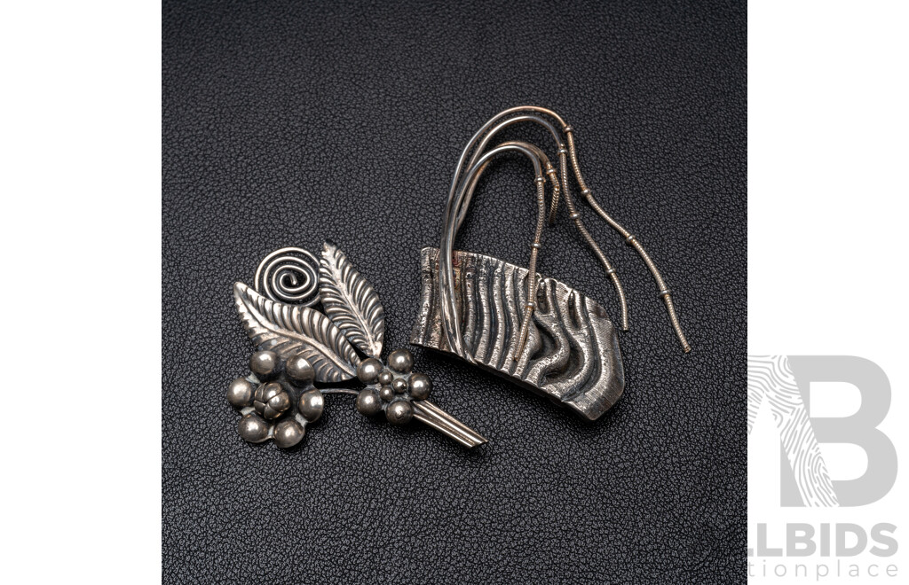 Sterling Silver Vintage Brutalist Style Brooch & Handmade Silver Floral Brooch, 37.65 Grams