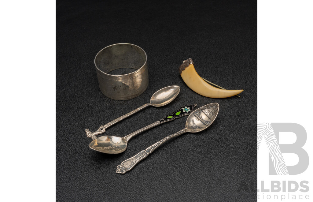 Antique Silver Boar Tusk Brooch, Vintage Sterling Napkin Ring & (3) Petite Sterling Spoons, 47.39 Grams