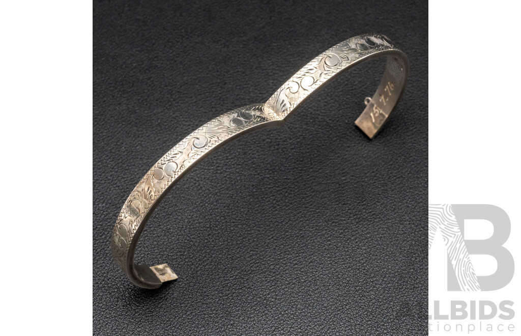 Vintage (2) Hinged Sterling Silver Bangles with Etched Motifs, 58mm/62mm, 31.82 Grams