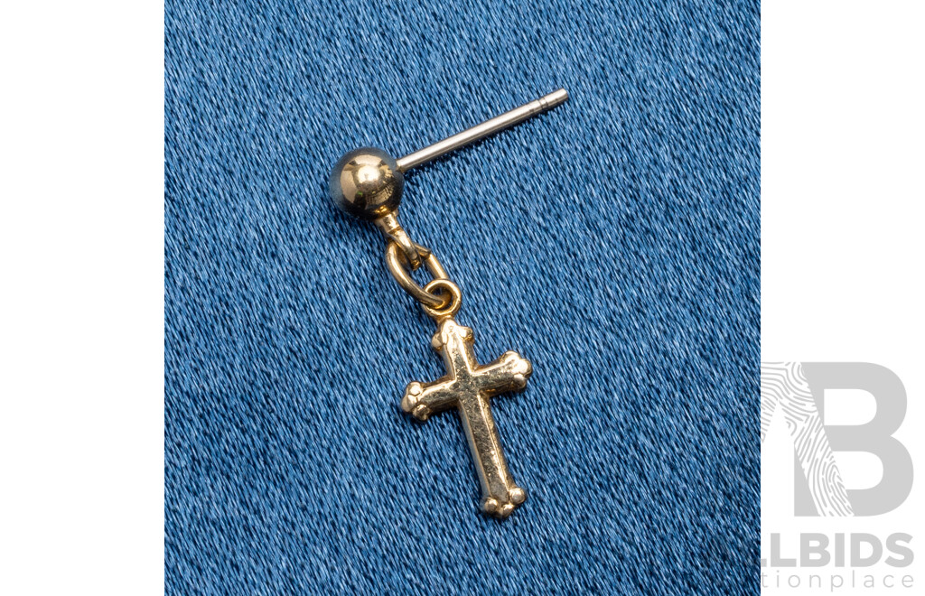 Single 9ct Yellow Gold Earring Stud with Hanging Cross - 0.57gms