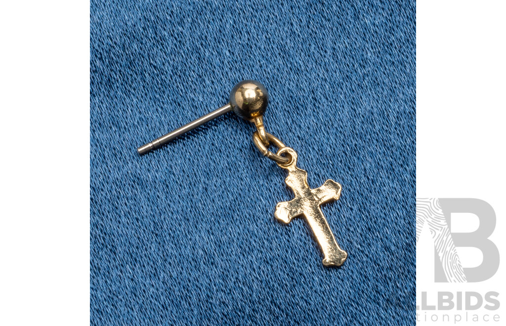 Single 9ct Yellow Gold Earring Stud with Hanging Cross - 0.57gms