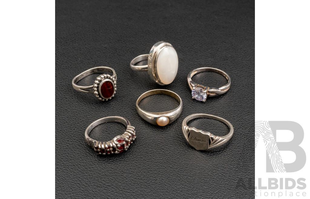 Collection of (6) Vintage Sterling Silver Rings Including Garnet & Moonstone, 22.81 Grams