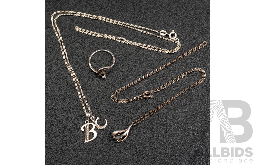 Sterling Silver Vintage Sapphire Pendant & Ring with Other Sterling Silver Chain, 9.11 Grams