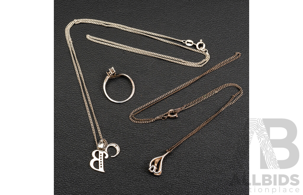 Sterling Silver Vintage Sapphire Pendant & Ring with Other Sterling Silver Chain, 9.11 Grams