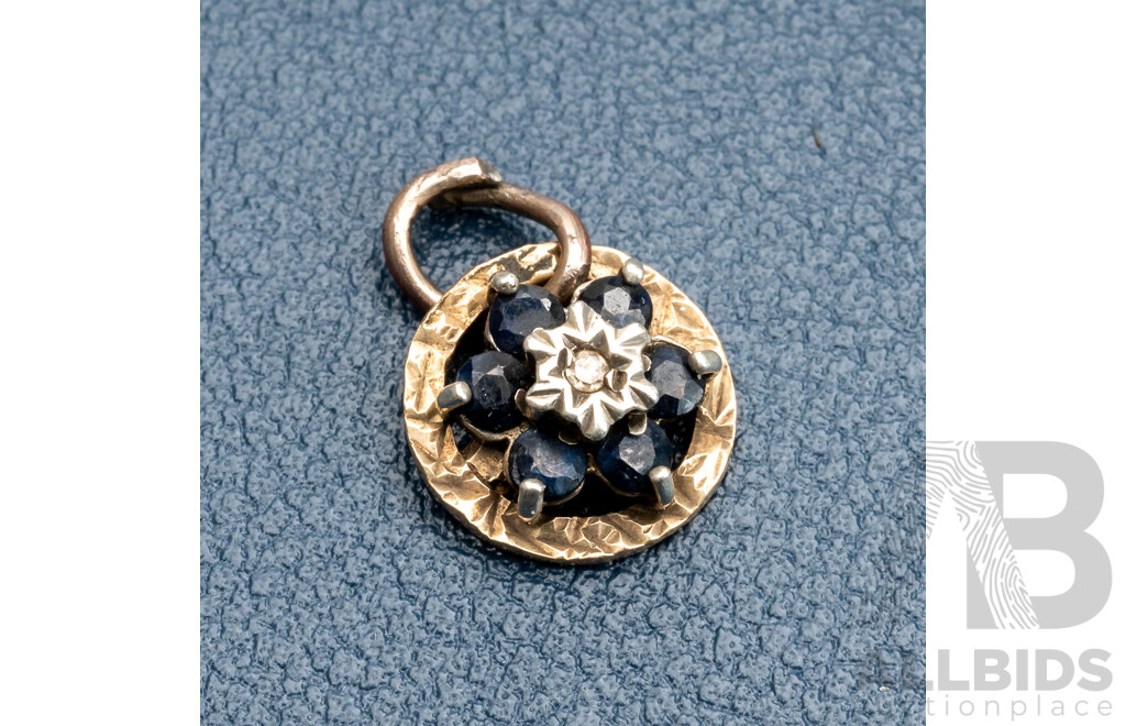 9ct Vintage Sapphire & Diamond Pendant, 11mm Diameter, London 1979, 1.33 Grams