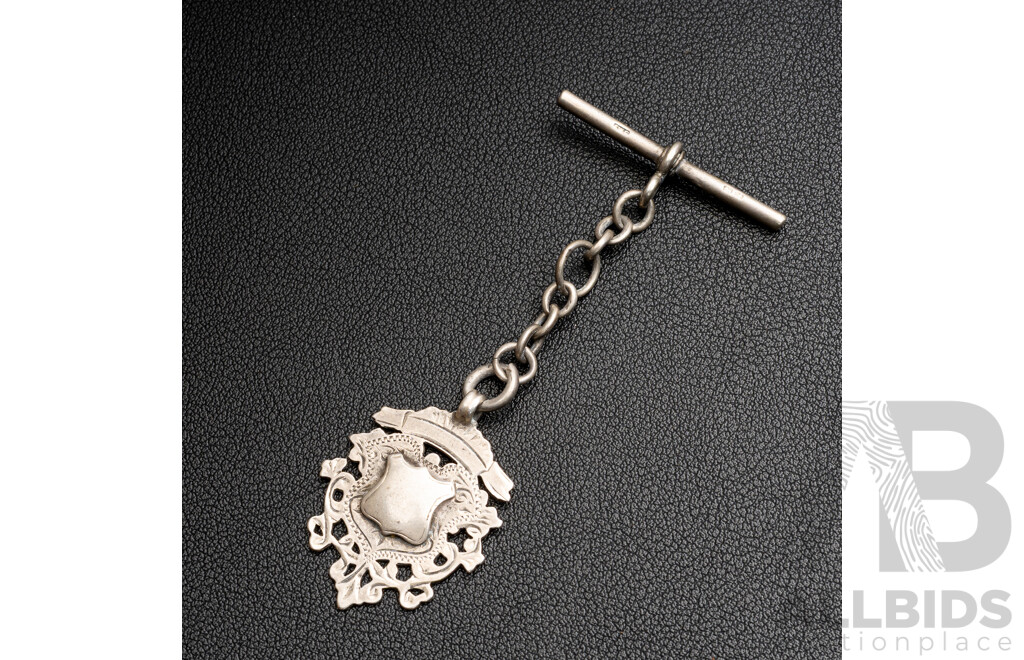 Antique Sterling Silver Medallion Fob Pendant with Cartoche and Fob Chain with T-Bar, 80mm Long, Birmingham 1912, 10.92 Grams