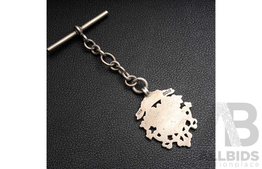 Antique Sterling Silver Medallion Fob Pendant with Cartoche and Fob Chain with T-Bar, 80mm Long, Birmingham 1912, 10.92 Grams