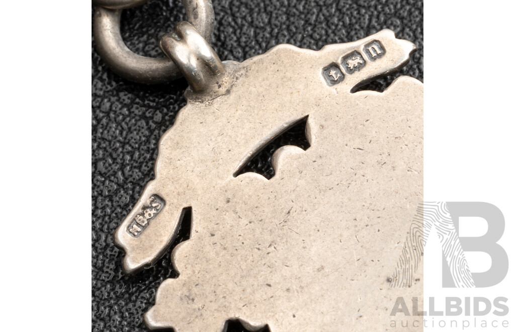 Antique Sterling Silver Medallion Fob Pendant with Cartoche and Fob Chain with T-Bar, 80mm Long, Birmingham 1912, 10.92 Grams