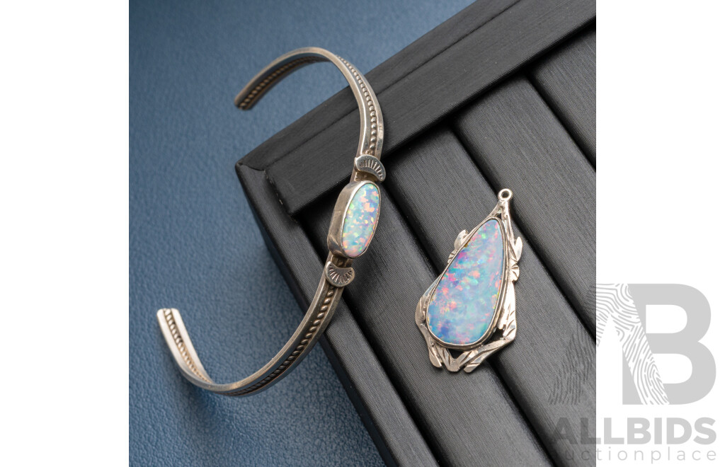 Sterling Silver Vintage Opal Open Cuff Bangle & Ornate SS Opal Pendant, 10.20 Grams