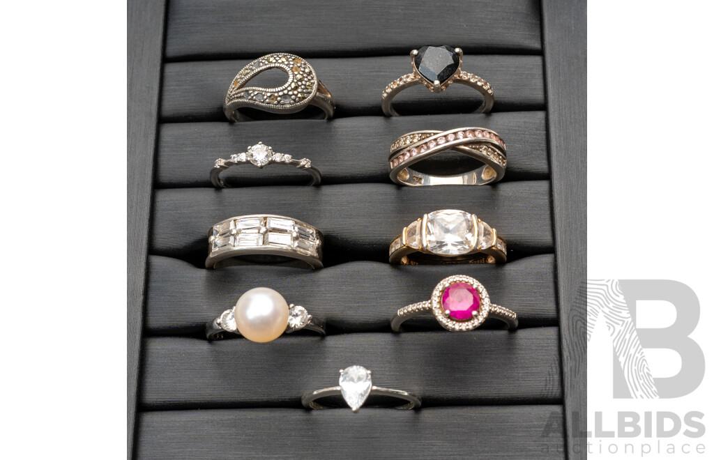 Collection of (9) Sterling Silver Rings with Gemstones, Sizes L-S, 27.97 Grams