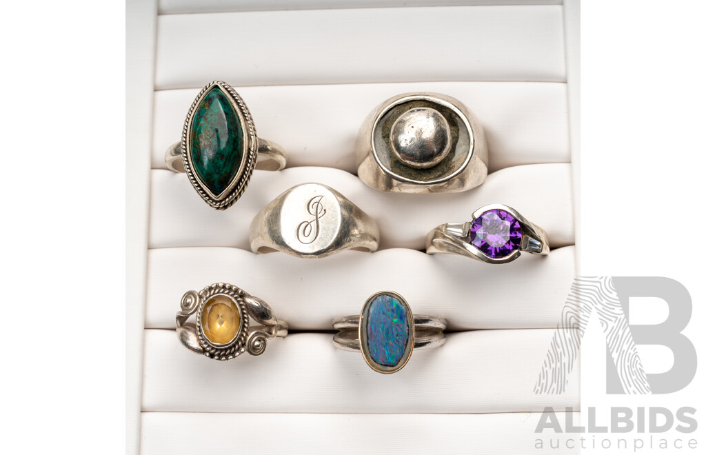 Collection of (6) Sterling Silver Rings with Signet Rings and Gemstone Designs, 33.34 Grams