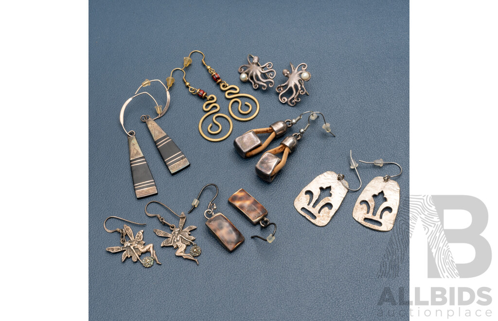 Vintage of (7) Pairs of Drop Earrings Including Sterling Silver Octopus with Pearl Drops